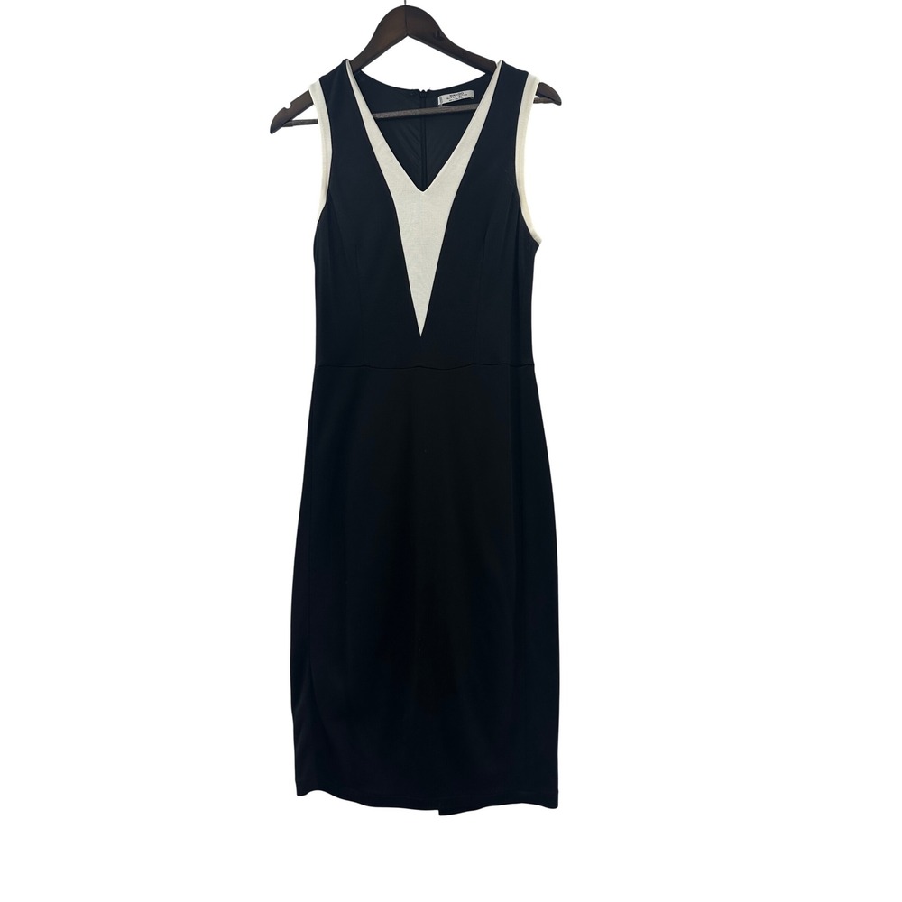 Mango Sheath Dress Women Size 8 Black White Good Colorblock V-Neck Midi